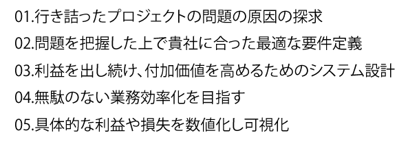 01.行き詰ったプロジェクトの問題の原因の探求 02.問題を把握した上で貴社に合った最適な要件定義 03.利益を出し続け、付加価値を高めるためのシステム設計 04.無駄のない業務効率化を目指す 05.具体的な利益や損失を数値化し可視化